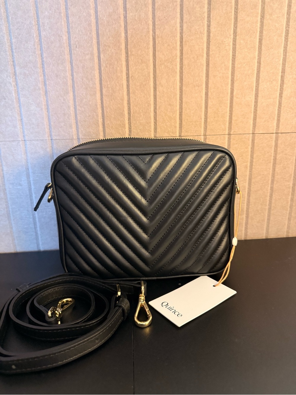 Quince Black Quilted Chevron Leather Messenger Bag